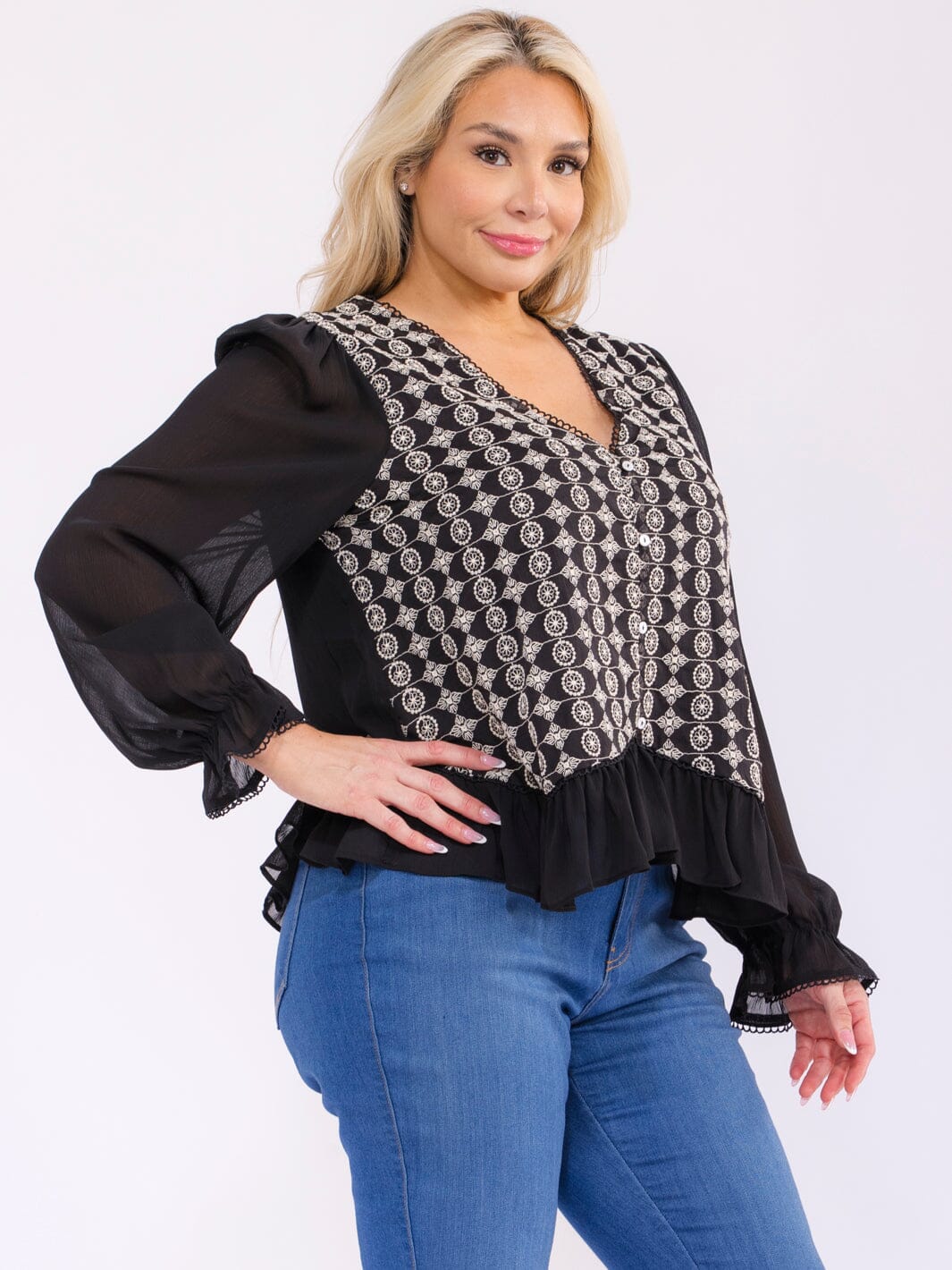 PLUS SIZE LONG SLEEVE V-NECK STITCHED DETAILED RUFFLE BLOUSE