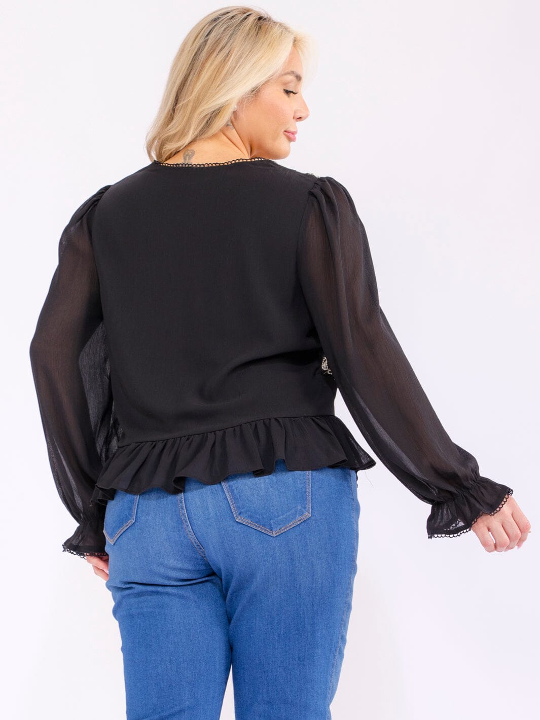 PLUS SIZE LONG SLEEVE V-NECK STITCHED DETAILED RUFFLE BLOUSE
