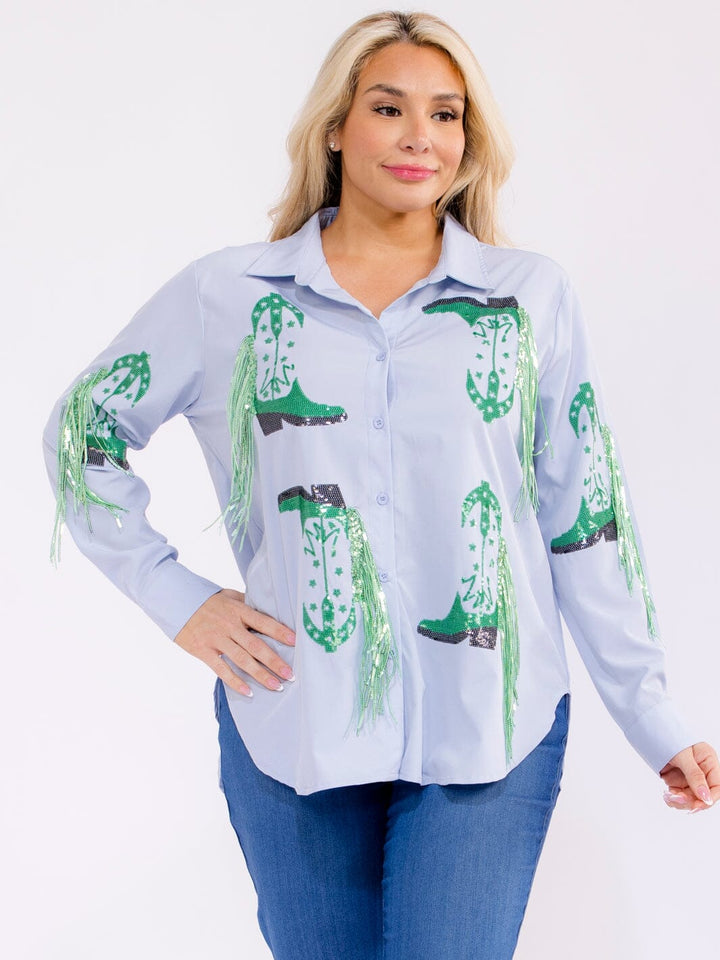 PLUS SIZE LONG SLEEVE BUTTON UP HIGH-LOW SEQUINS FRINGE TOP