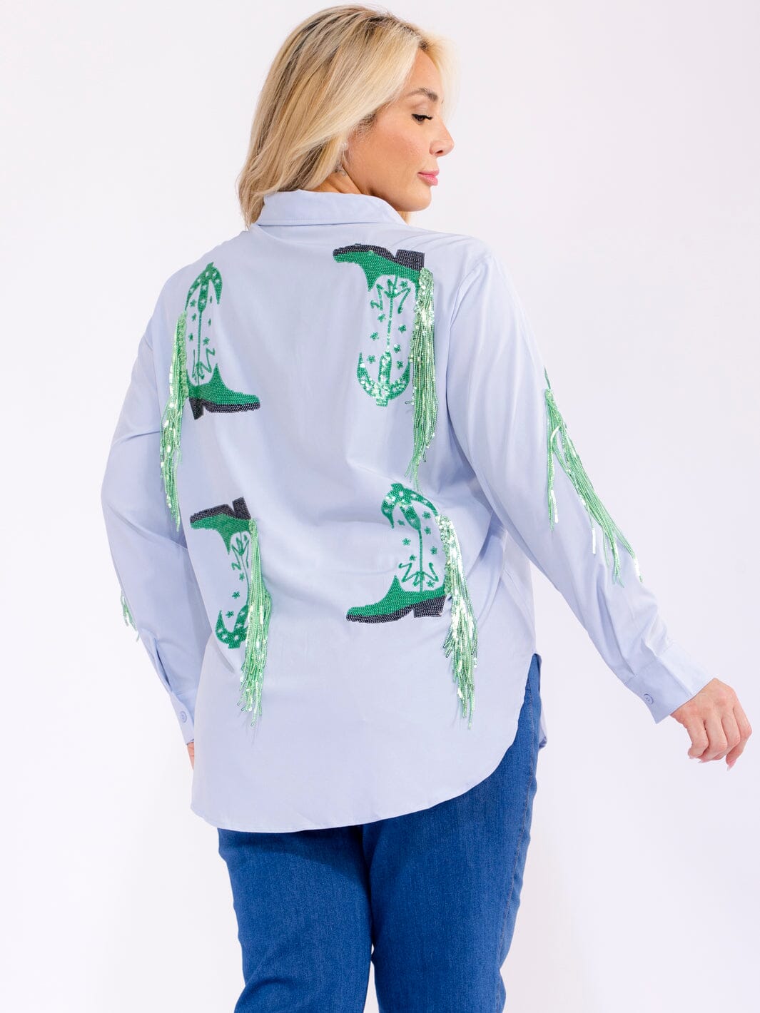 PLUS SIZE LONG SLEEVE BUTTON UP HIGH-LOW SEQUINS FRINGE TOP