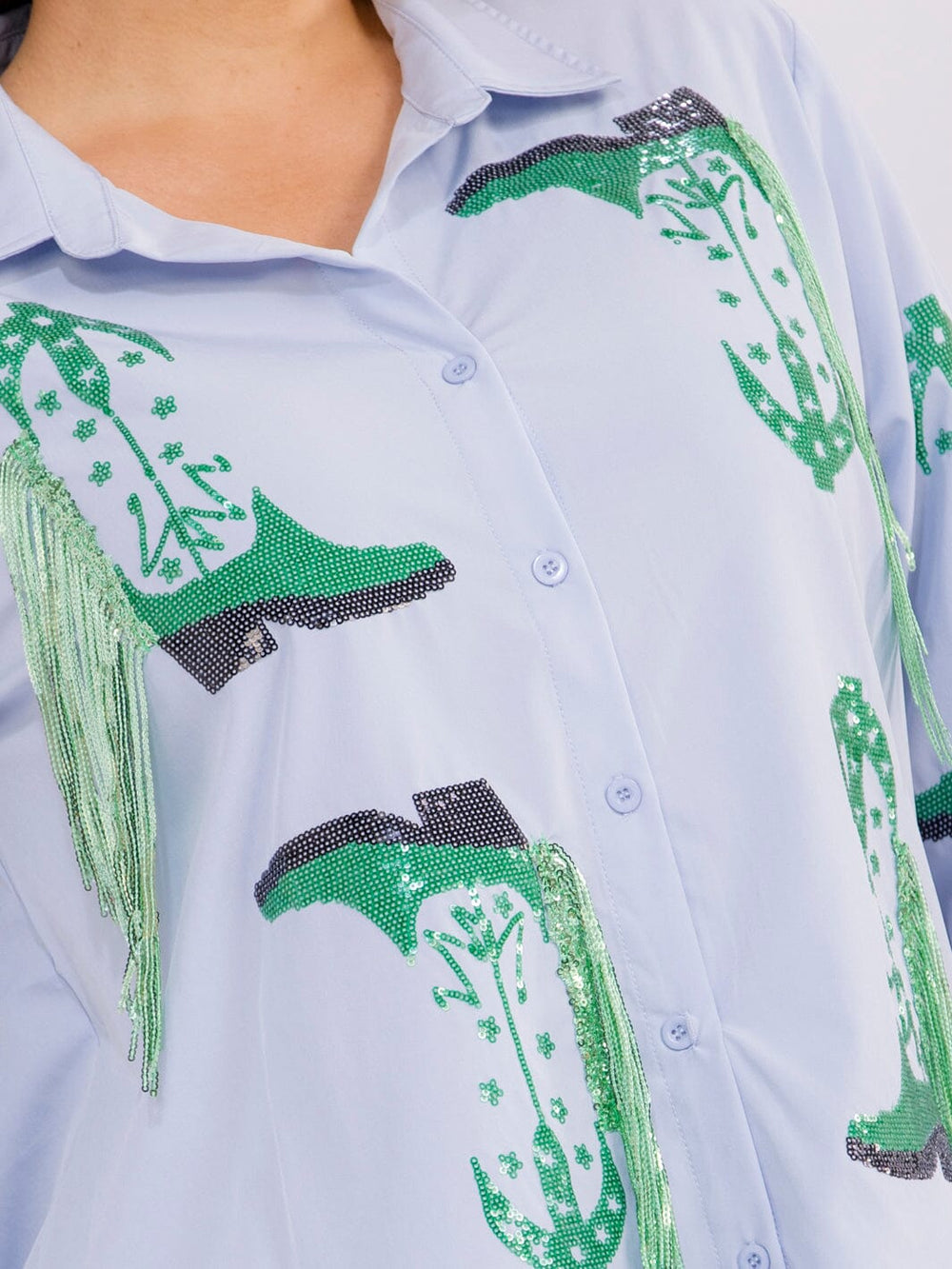 PLUS SIZE LONG SLEEVE BUTTON UP HIGH-LOW SEQUINS FRINGE TOP