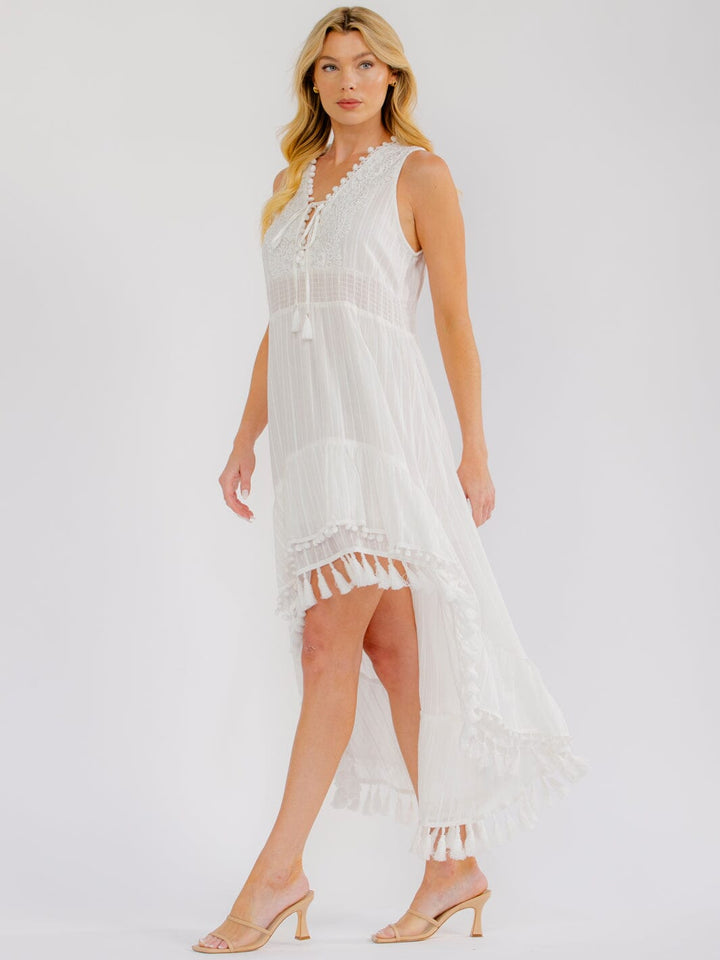 WOMEN'S SLEEVELESS V-NECK ELASTIC WAIST HIGH-LOW TRIM DETAILED MAXI DRESS