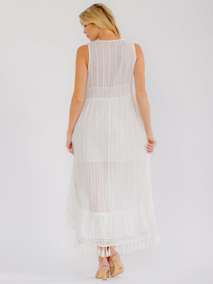 WOMEN'S SLEEVELESS V-NECK ELASTIC WAIST HIGH-LOW TRIM DETAILED MAXI DRESS