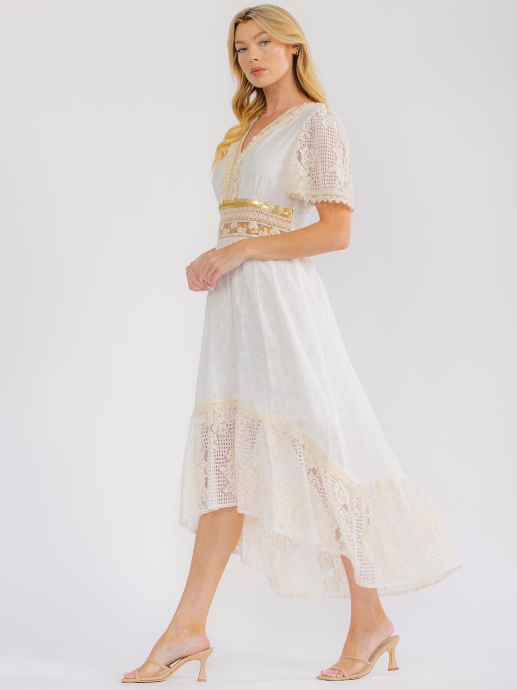 WOMEN'S SHORT SLEEVE V-NECK HIGH-LOW CROCHET SEQUINS MAXI DRESS