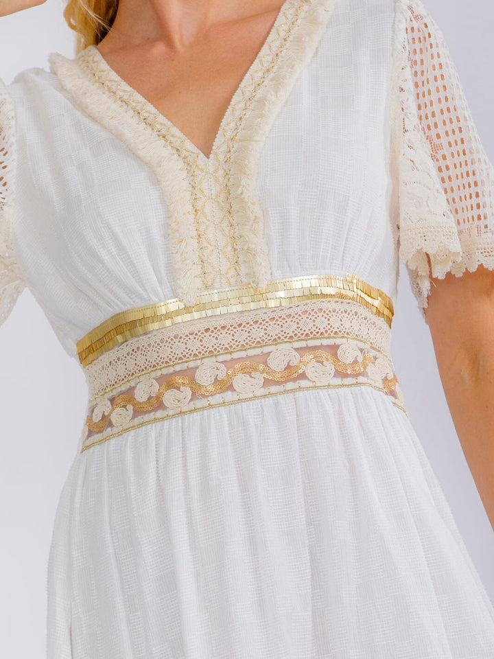 WOMEN'S SHORT SLEEVE V-NECK HIGH-LOW CROCHET SEQUINS MAXI DRESS