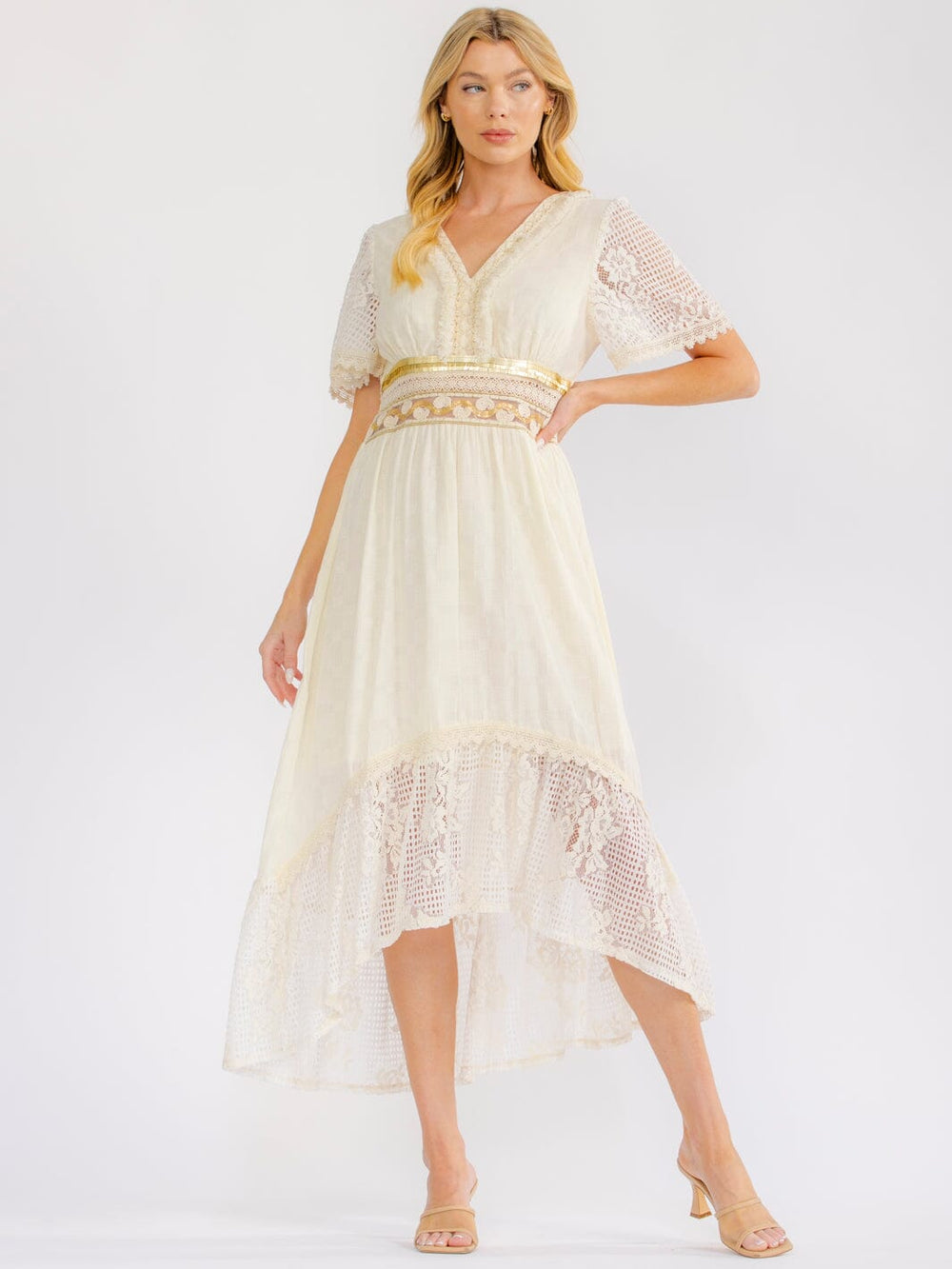WOMEN'S SHORT SLEEVE V-NECK HIGH-LOW CROCHET SEQUINS MAXI DRESS