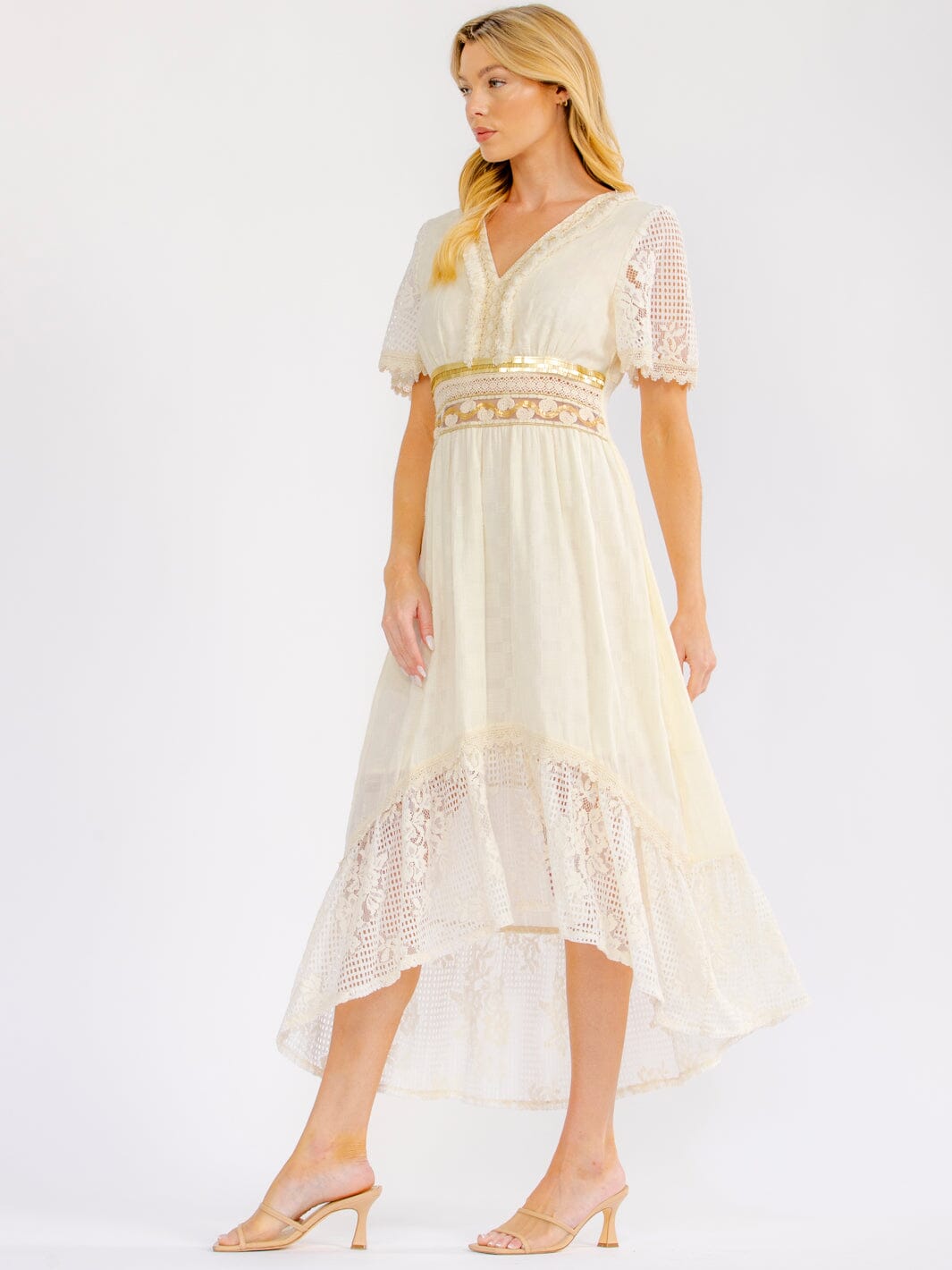 WOMEN'S SHORT SLEEVE V-NECK HIGH-LOW CROCHET SEQUINS MAXI DRESS