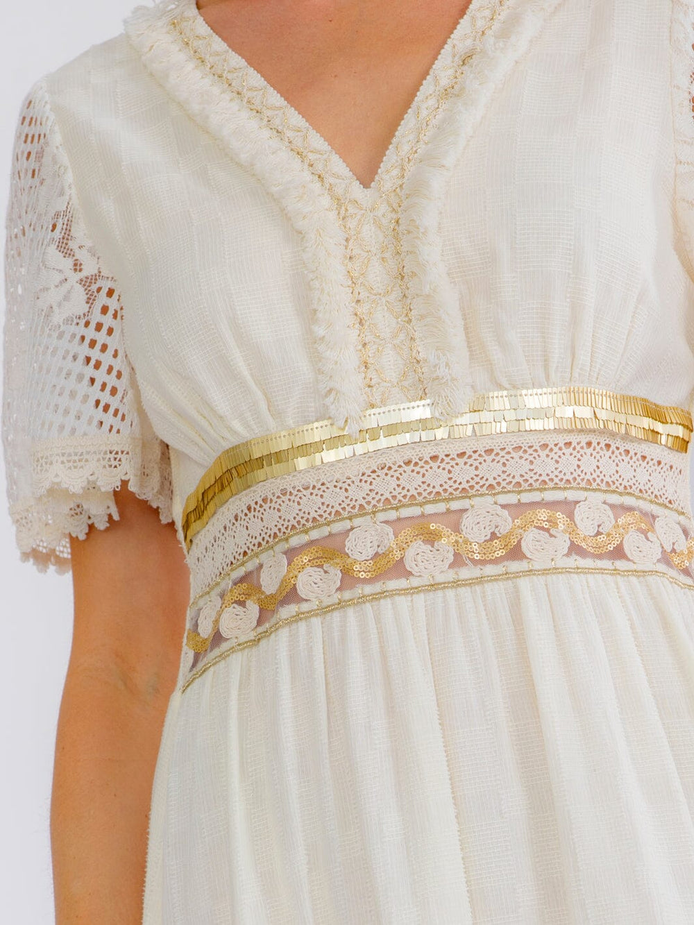 WOMEN'S SHORT SLEEVE V-NECK HIGH-LOW CROCHET SEQUINS MAXI DRESS