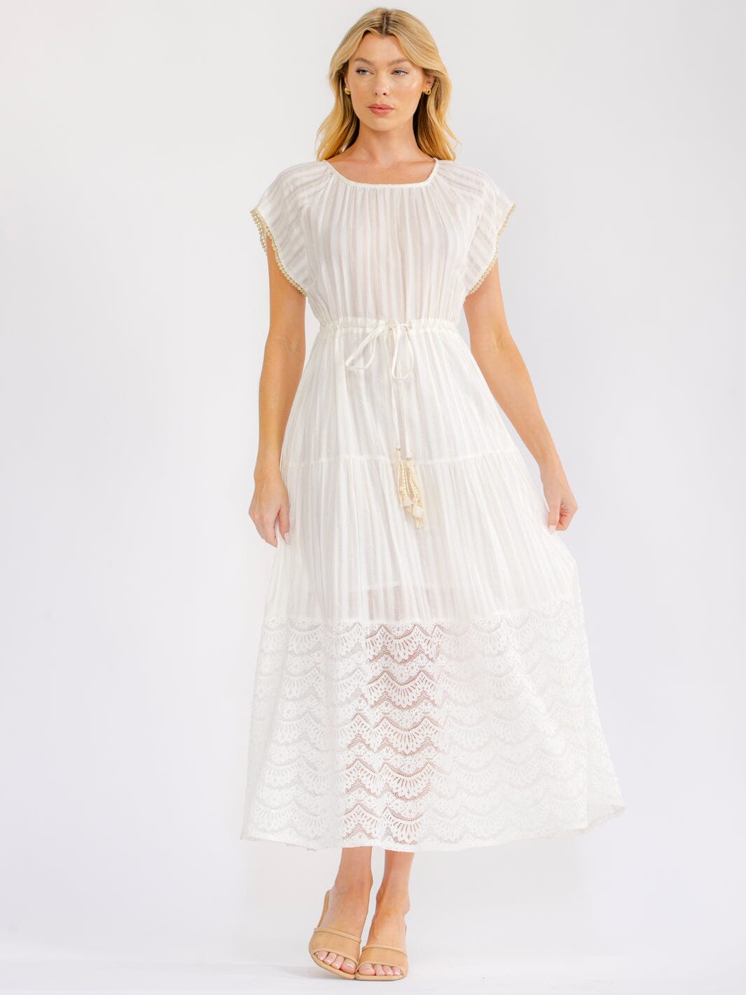 WOMEN'S SHORT SLEEVE ADJUSTABLE WAIST SHIMMER STRIPES TIERED LACE MAXI DRESS