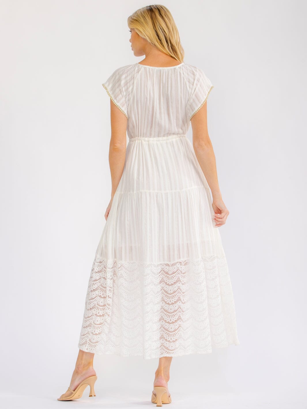 WOMEN'S SHORT SLEEVE ADJUSTABLE WAIST SHIMMER STRIPES TIERED LACE MAXI DRESS