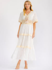 WOMEN'S SHORT BELL SLEEVE V-NECK TIERED CROCHET LACE MAXI DRESS