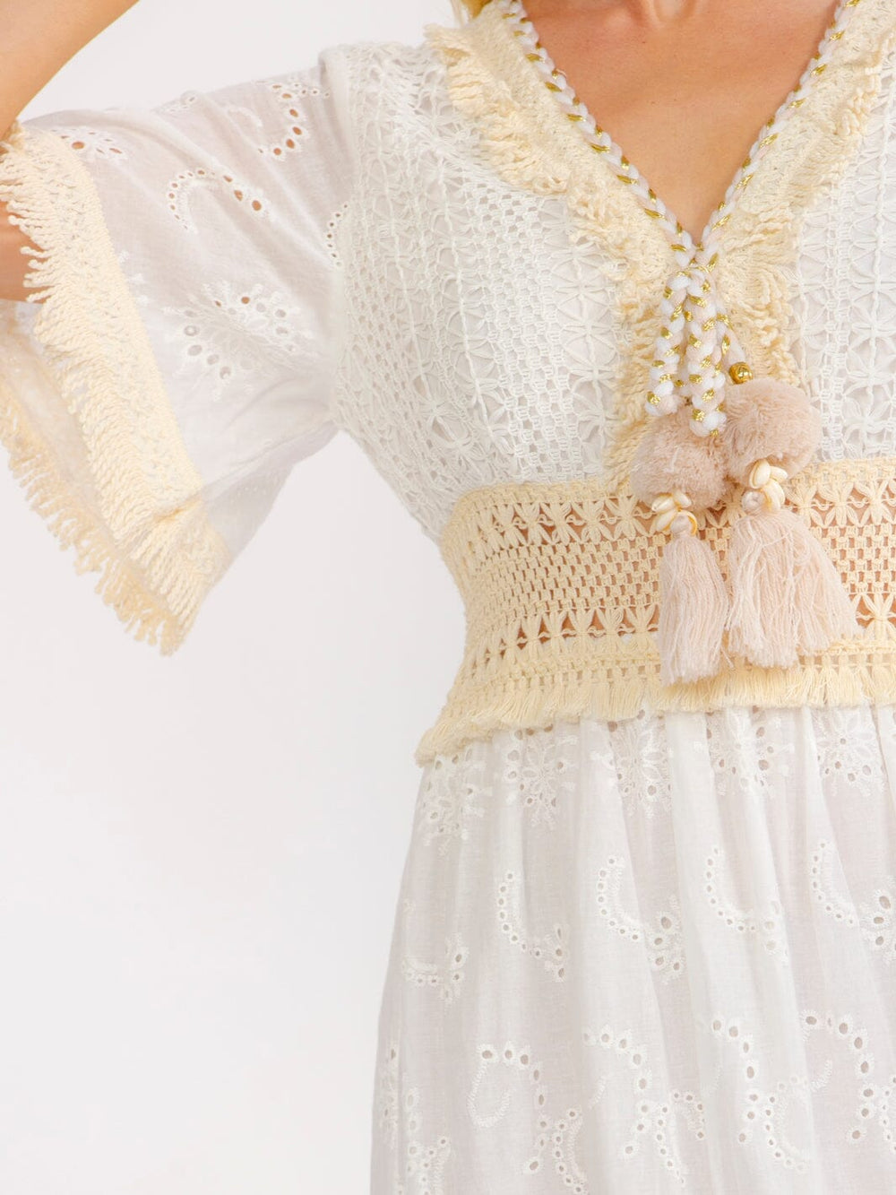 WOMEN'S SHORT BELL SLEEVE V-NECK TIERED CROCHET LACE MAXI DRESS