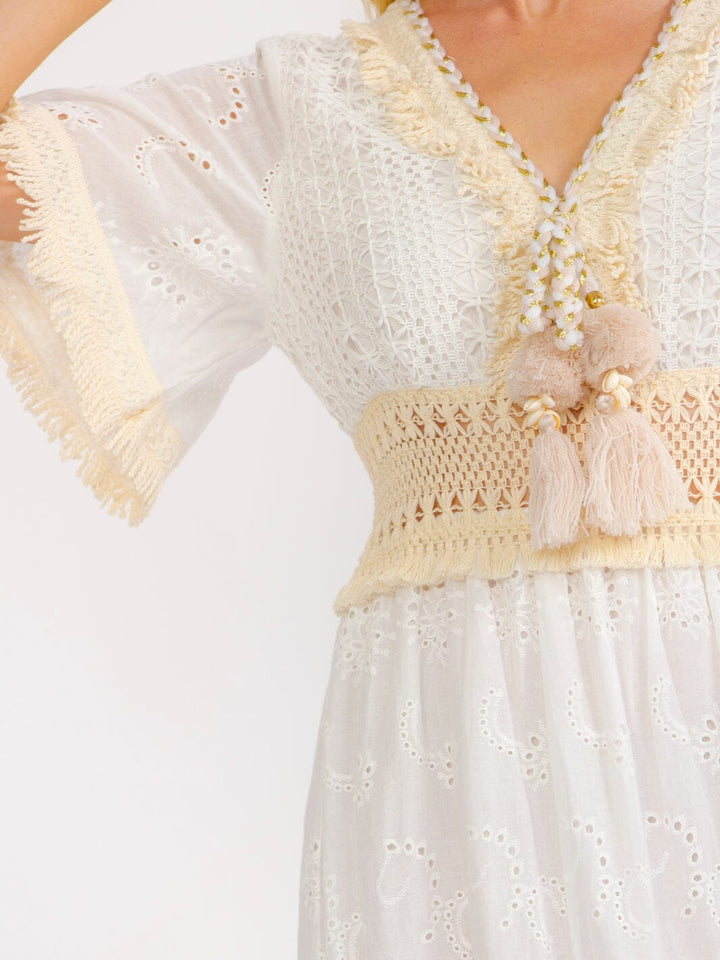 WOMEN'S SHORT BELL SLEEVE V-NECK TIERED CROCHET LACE MAXI DRESS