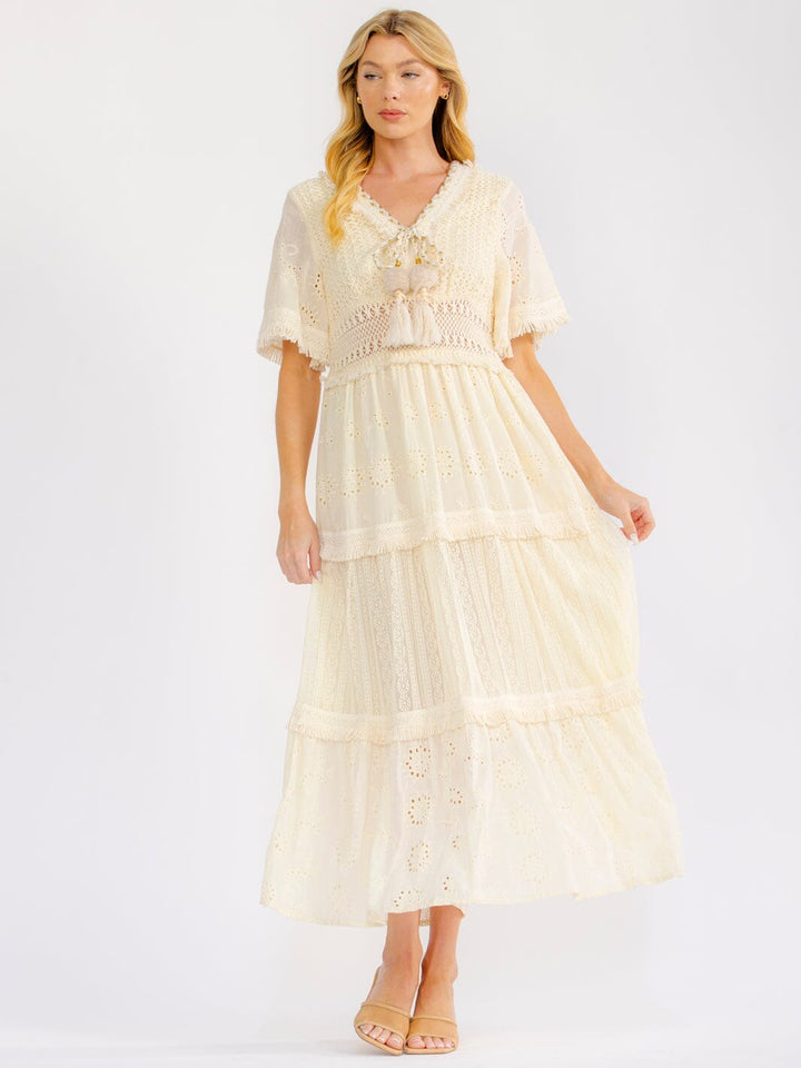 WOMEN'S SHORT BELL SLEEVE V-NECK TIERED CROCHET LACE MAXI DRESS