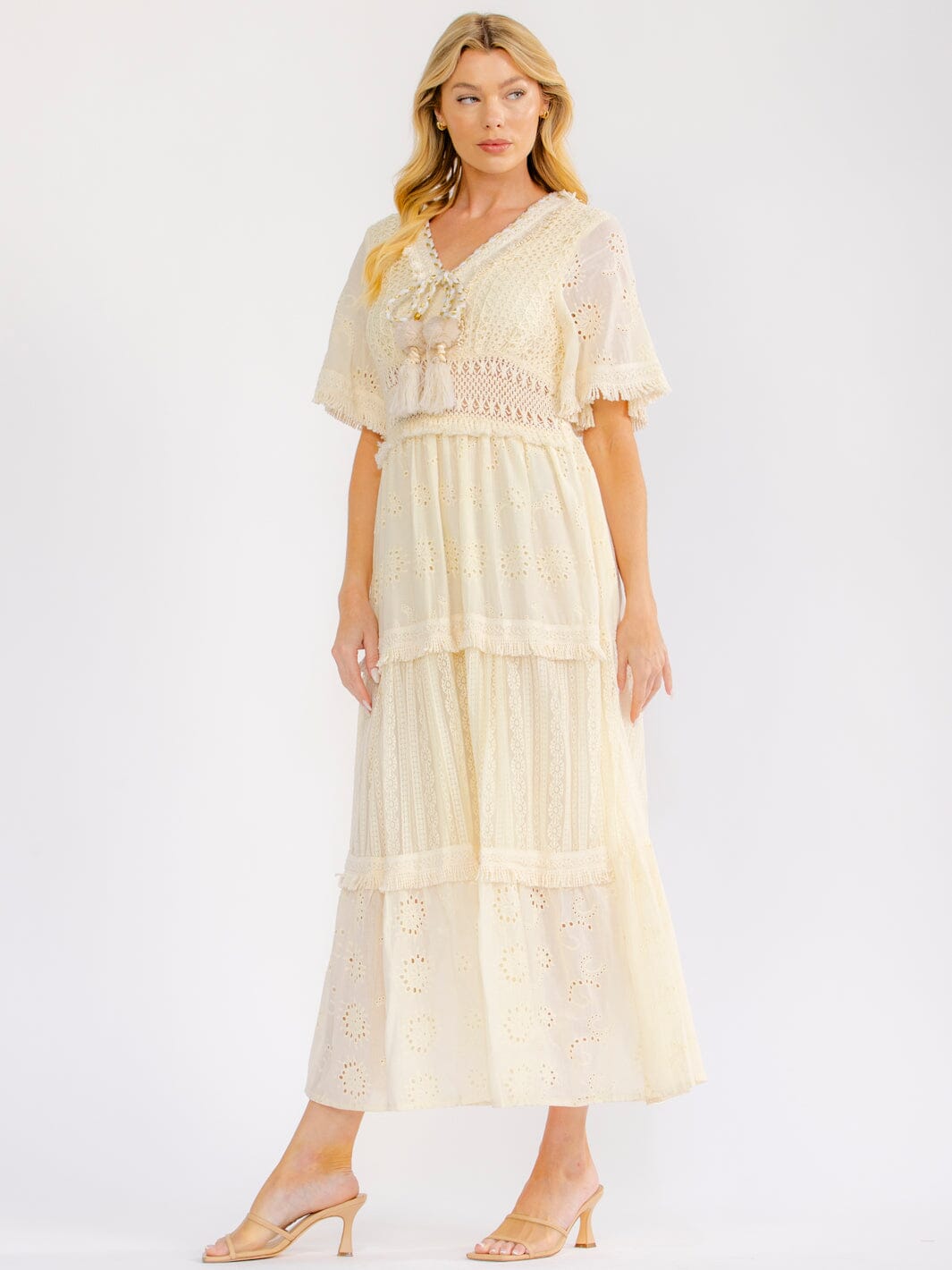 WOMEN'S SHORT BELL SLEEVE V-NECK TIERED CROCHET LACE MAXI DRESS