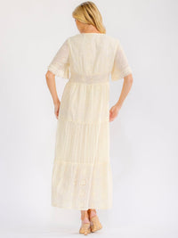 WOMEN'S SHORT BELL SLEEVE V-NECK TIERED CROCHET LACE MAXI DRESS