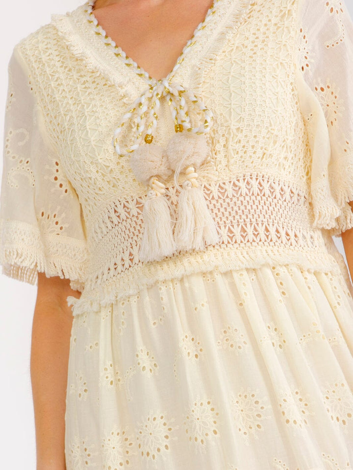 WOMEN'S SHORT BELL SLEEVE V-NECK TIERED CROCHET LACE MAXI DRESS