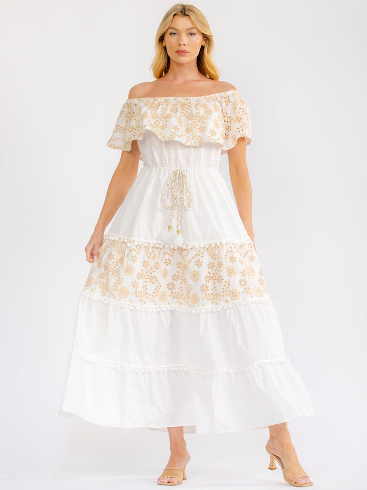 WOMEN'S OFF SHOULDER RUFFLE ELASTIC WAIST TIERED CROCHET EYELET MAXI DRESS