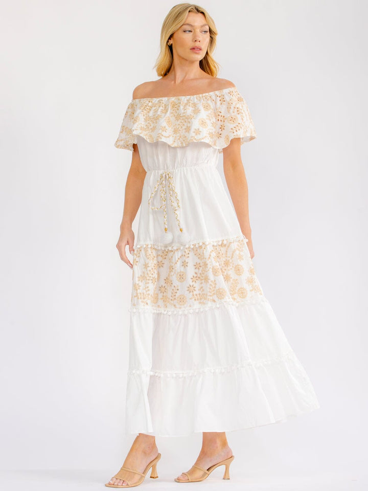 WOMEN'S OFF SHOULDER RUFFLE ELASTIC WAIST TIERED CROCHET EYELET MAXI DRESS