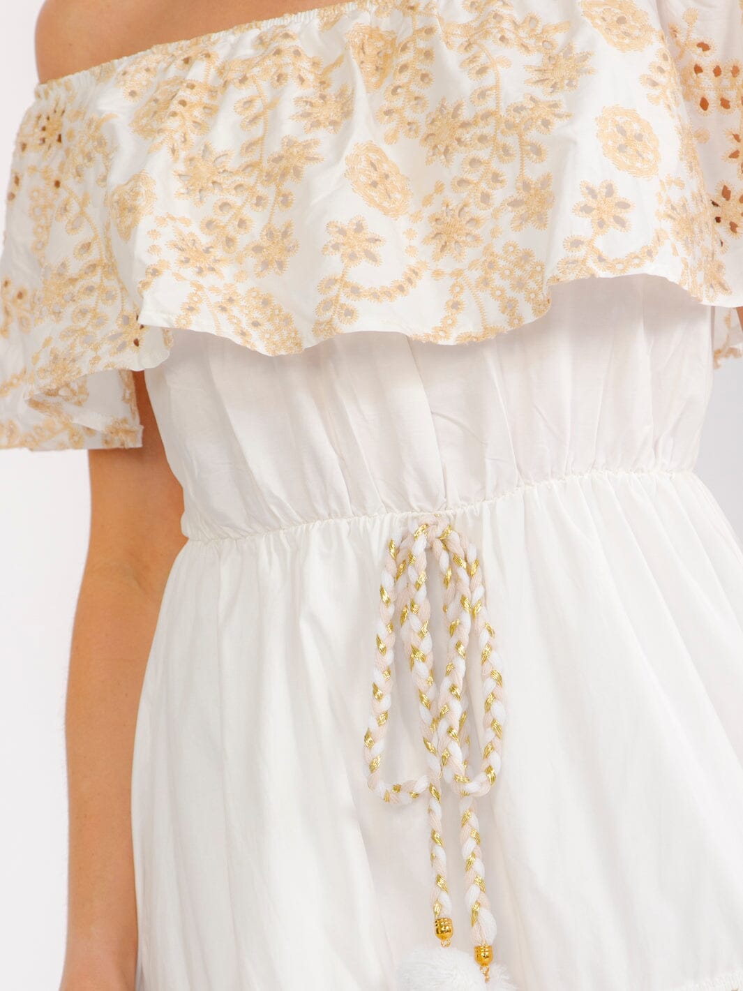 WOMEN'S OFF SHOULDER RUFFLE ELASTIC WAIST TIERED CROCHET EYELET MAXI DRESS