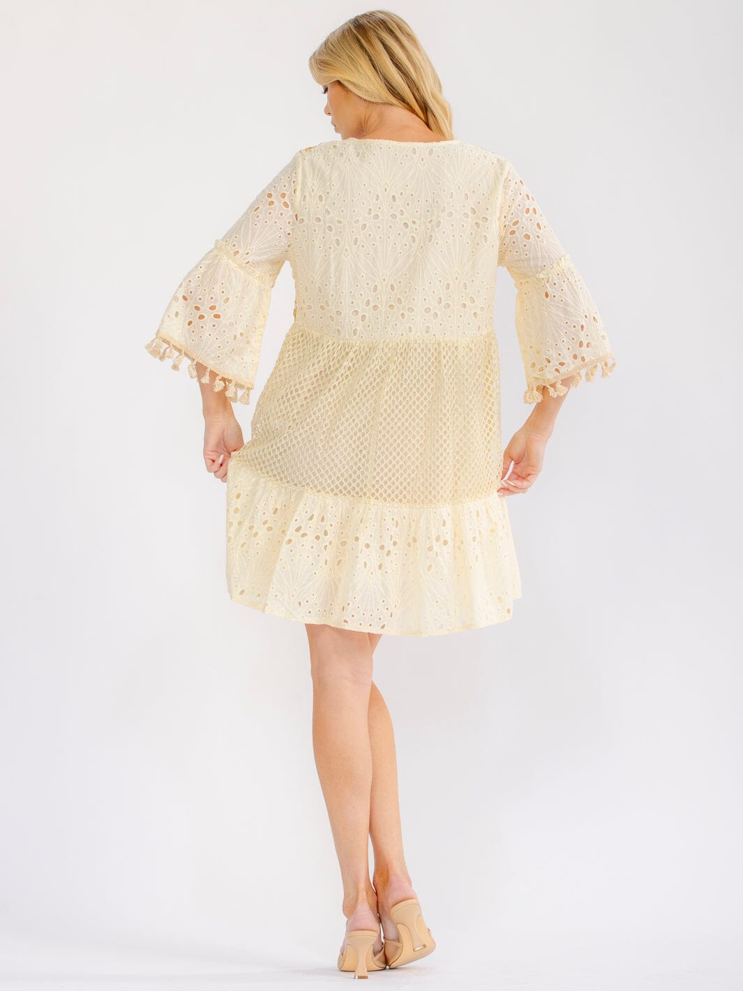 WOMEN'S 3/4 BELL SLEEVE V-NECK CROCHET SHIMMER MINI DRESS