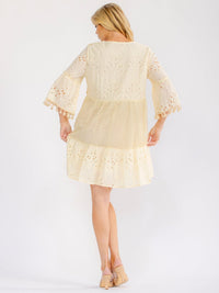 WOMEN'S 3/4 BELL SLEEVE V-NECK CROCHET SHIMMER MINI DRESS