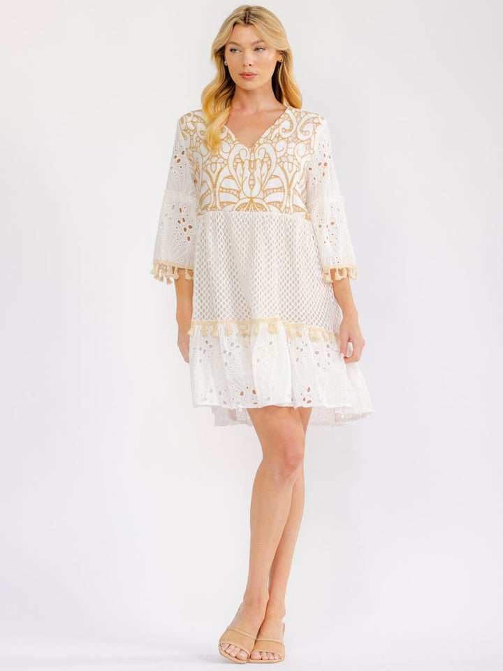 WOMEN'S 3/4 BELL SLEEVE V-NECK CROCHET SHIMMER MINI DRESS