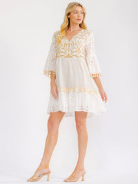 WOMEN'S 3/4 BELL SLEEVE V-NECK CROCHET SHIMMER MINI DRESS