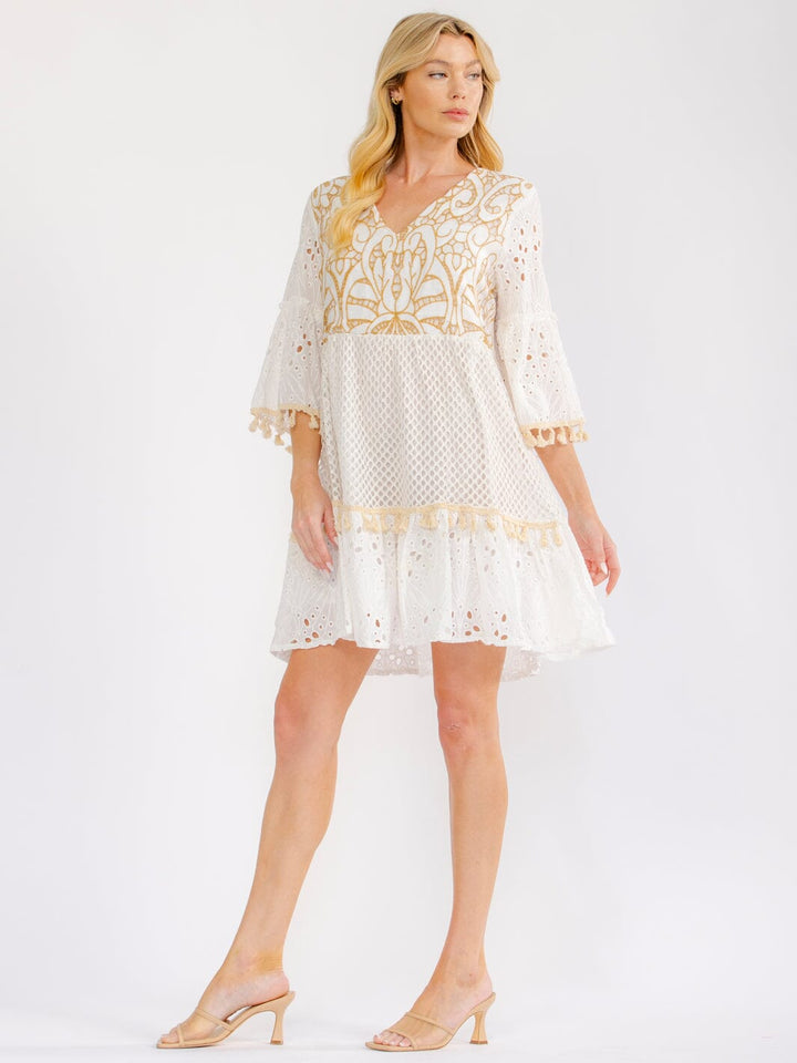 WOMEN'S 3/4 BELL SLEEVE V-NECK CROCHET SHIMMER MINI DRESS