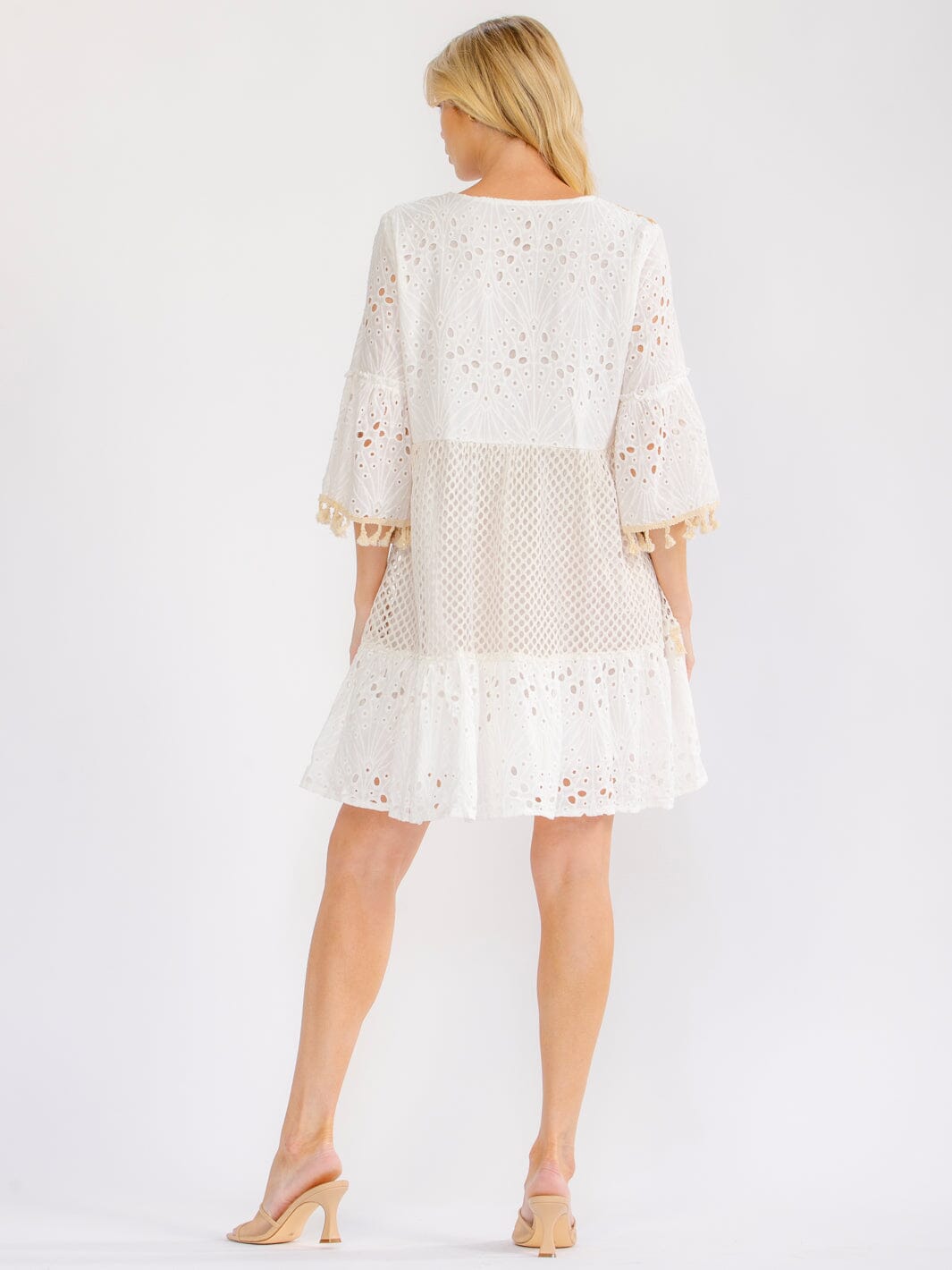 WOMEN'S 3/4 BELL SLEEVE V-NECK CROCHET SHIMMER MINI DRESS