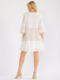 WOMEN'S 3/4 BELL SLEEVE V-NECK CROCHET SHIMMER MINI DRESS