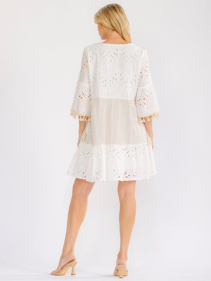 WOMEN'S 3/4 BELL SLEEVE V-NECK CROCHET SHIMMER MINI DRESS