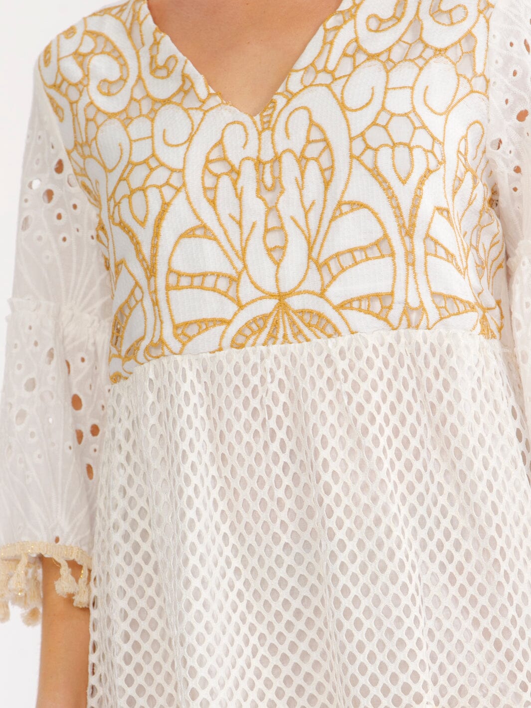 WOMEN'S 3/4 BELL SLEEVE V-NECK CROCHET SHIMMER MINI DRESS