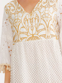 WOMEN'S 3/4 BELL SLEEVE V-NECK CROCHET SHIMMER MINI DRESS