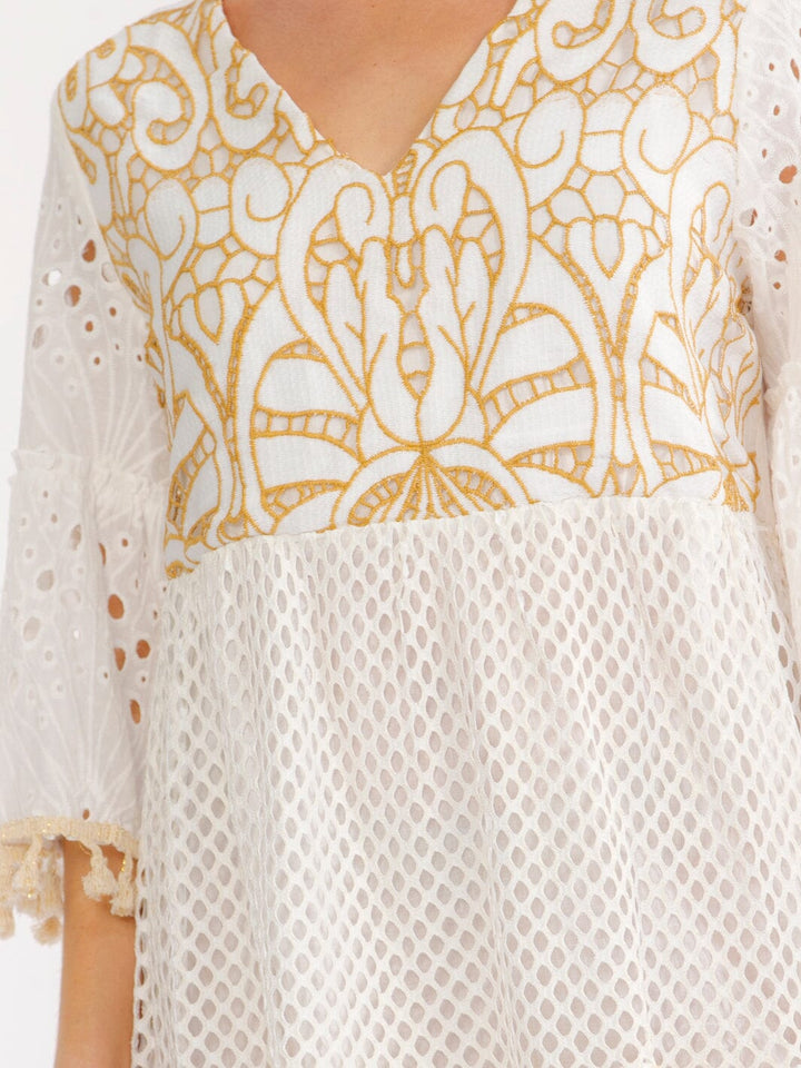 WOMEN'S 3/4 BELL SLEEVE V-NECK CROCHET SHIMMER MINI DRESS