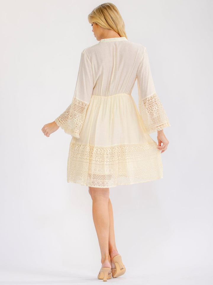 WOMEN'S LONG BELL SLEEVE V-NECK SEQUINS CROCHET TIERED MINI DRESS