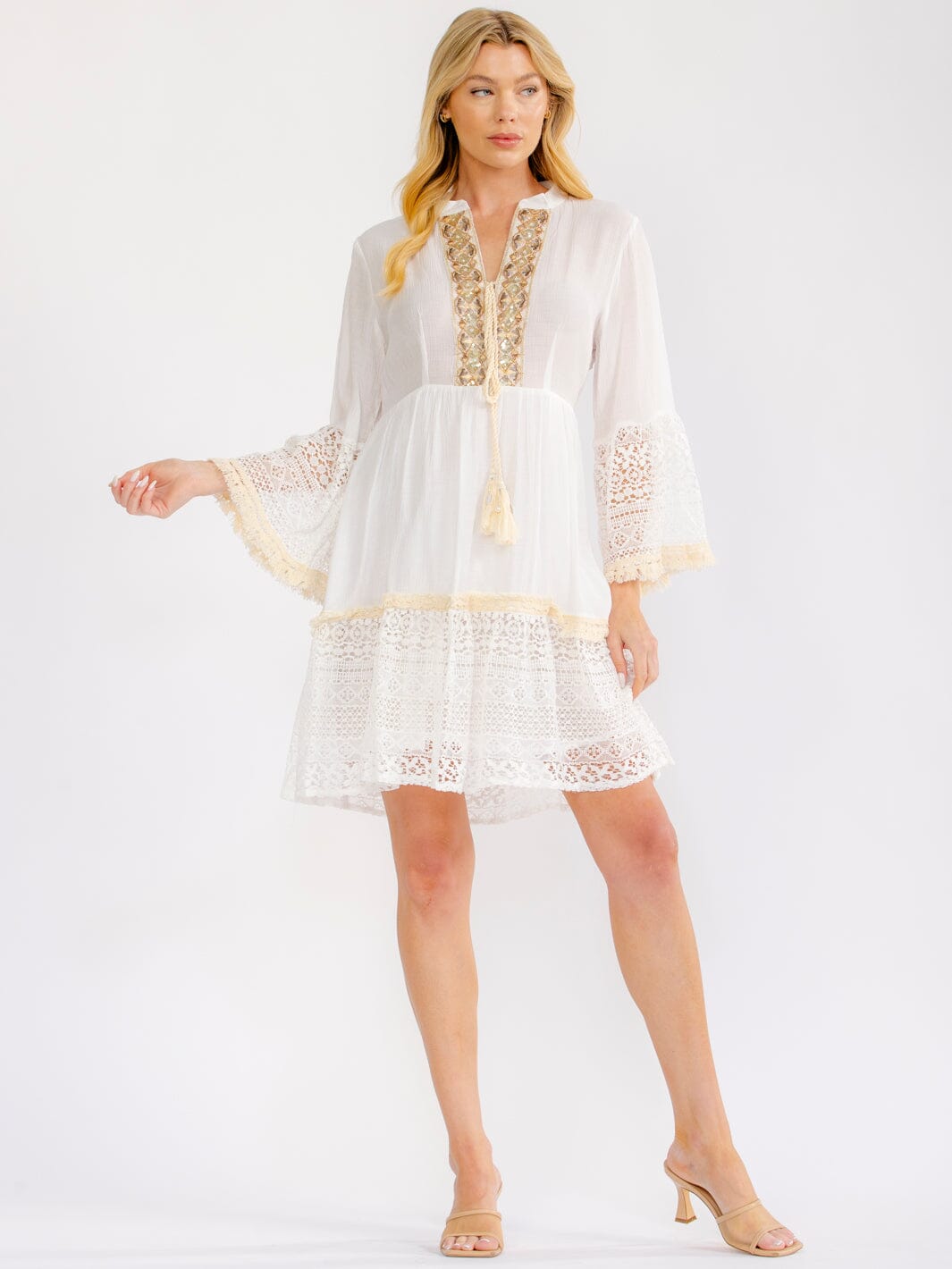 WOMEN'S LONG BELL SLEEVE V-NECK SEQUINS CROCHET TIERED MINI DRESS