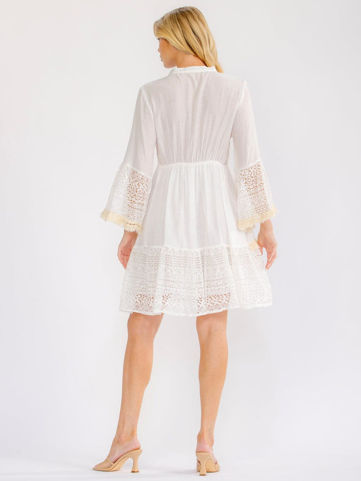 WOMEN'S LONG BELL SLEEVE V-NECK SEQUINS CROCHET TIERED MINI DRESS