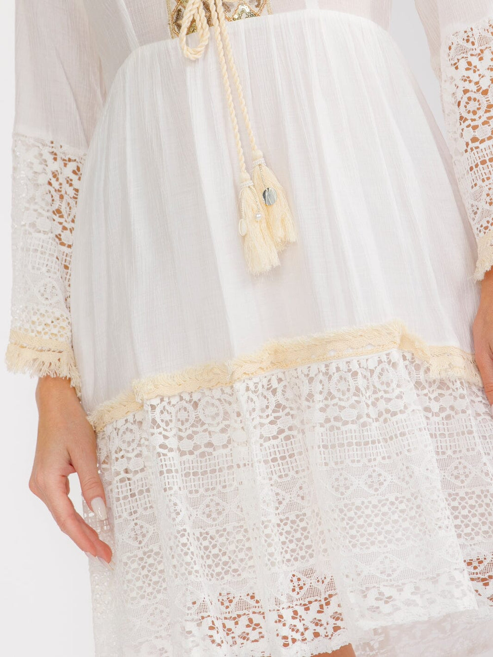 WOMEN'S LONG BELL SLEEVE V-NECK SEQUINS CROCHET TIERED MINI DRESS