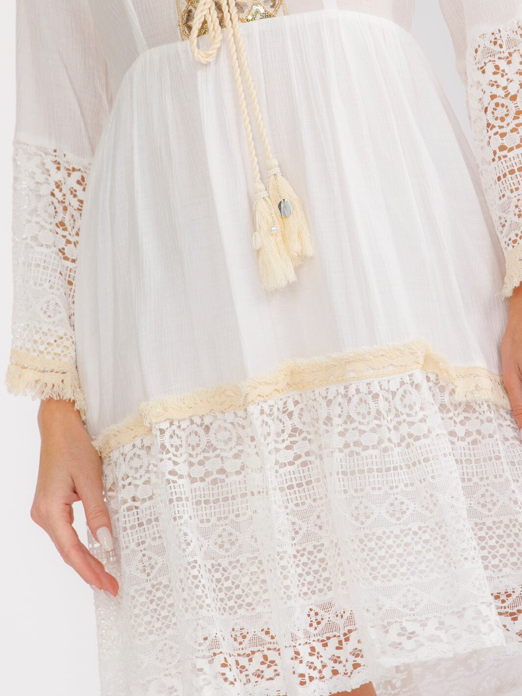 WOMEN'S LONG BELL SLEEVE V-NECK SEQUINS CROCHET TIERED MINI DRESS