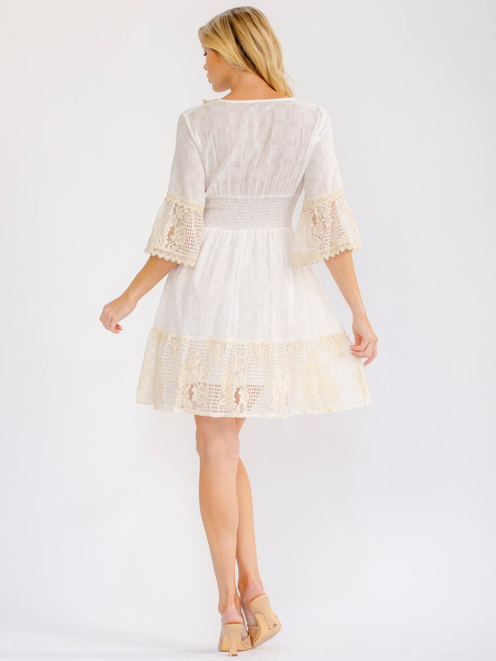 WOMEN'S SHORT BELL SLEEVE V-NECK CROCHET SEQUINS MINI DRESS