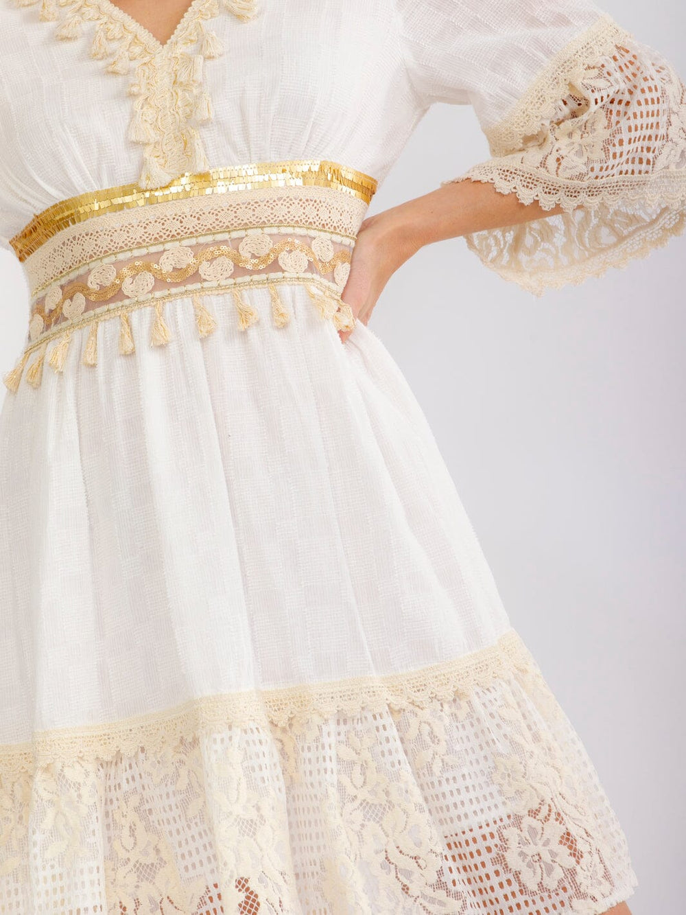 WOMEN'S SHORT BELL SLEEVE V-NECK CROCHET SEQUINS MINI DRESS
