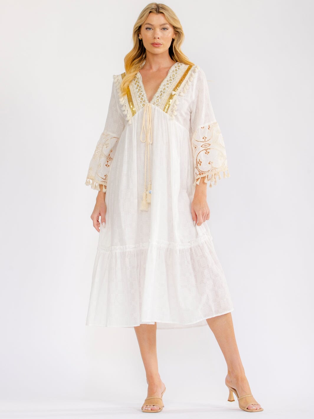 WOMEN'S 3/4 BELL SLEEVE V-NECK CROCHET SEQUINS MIDI DRESS