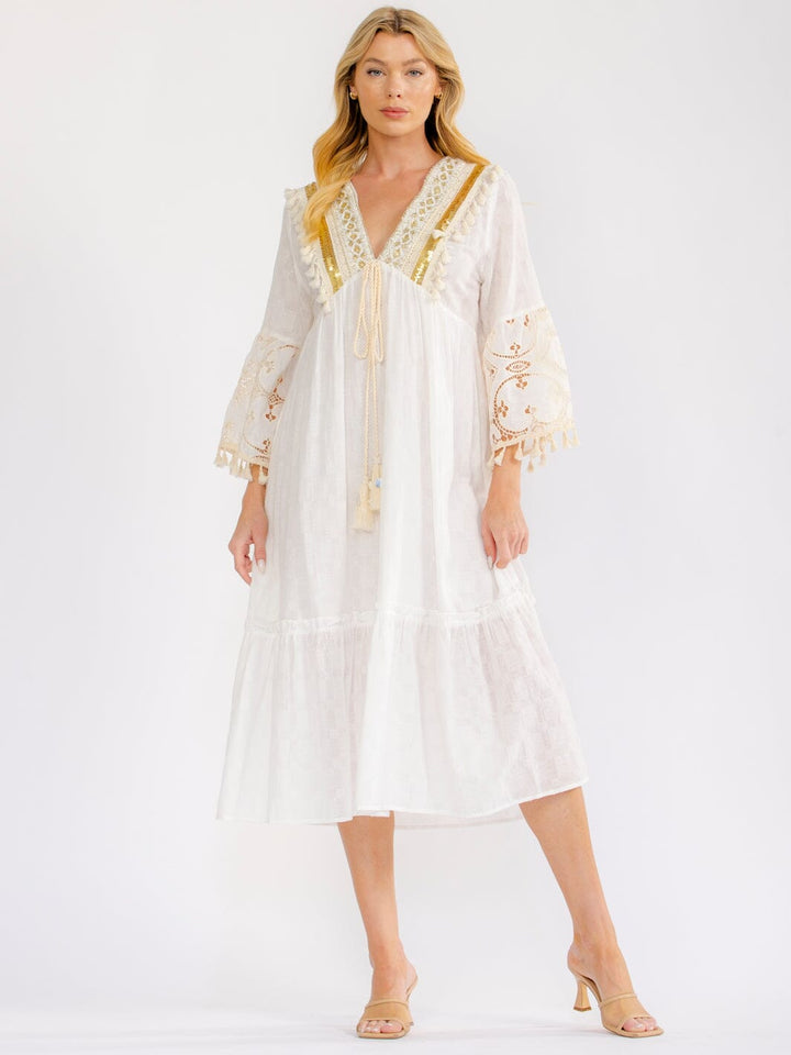 WOMEN'S 3/4 BELL SLEEVE V-NECK CROCHET SEQUINS MIDI DRESS