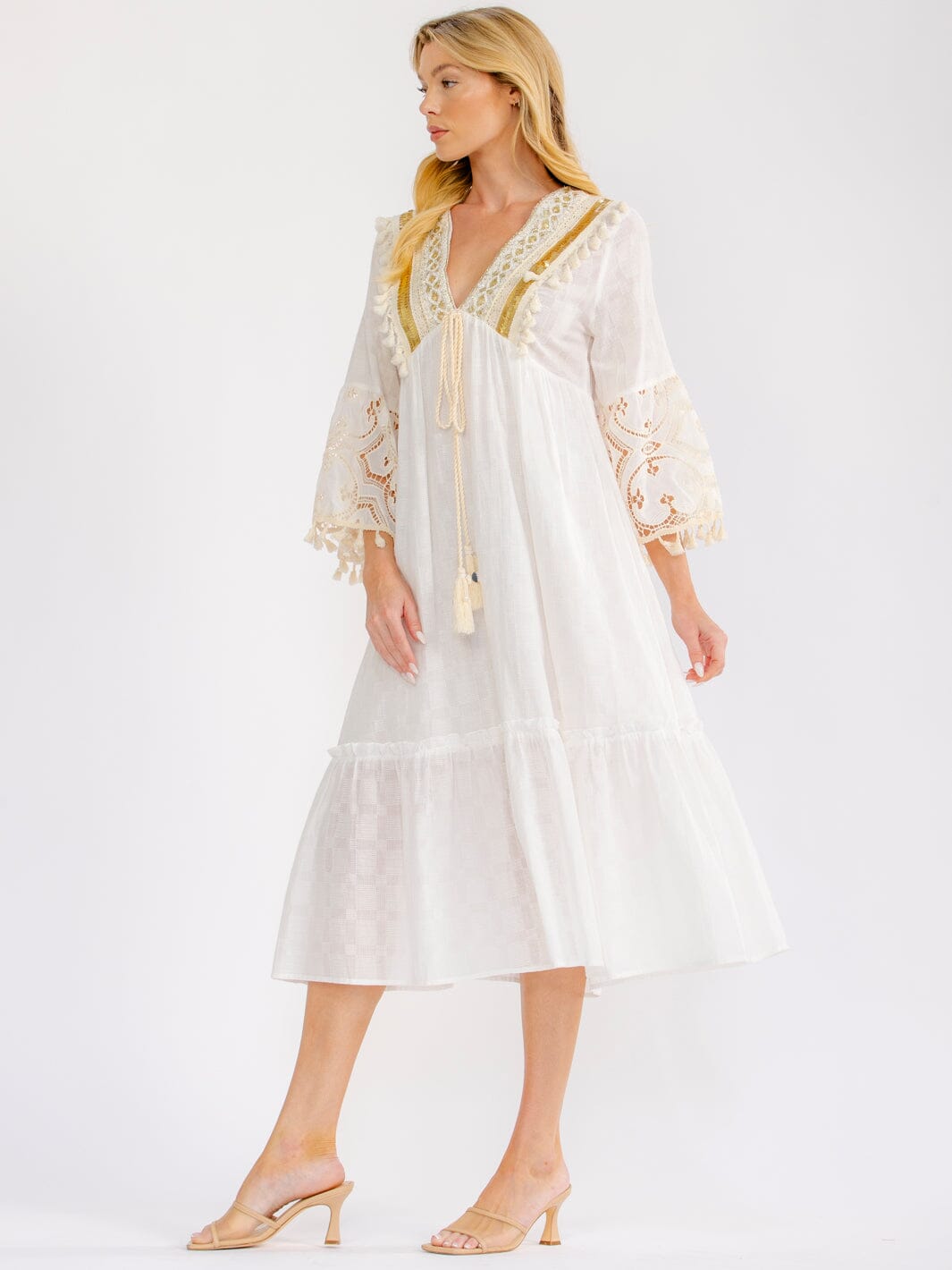 WOMEN'S 3/4 BELL SLEEVE V-NECK CROCHET SEQUINS MIDI DRESS