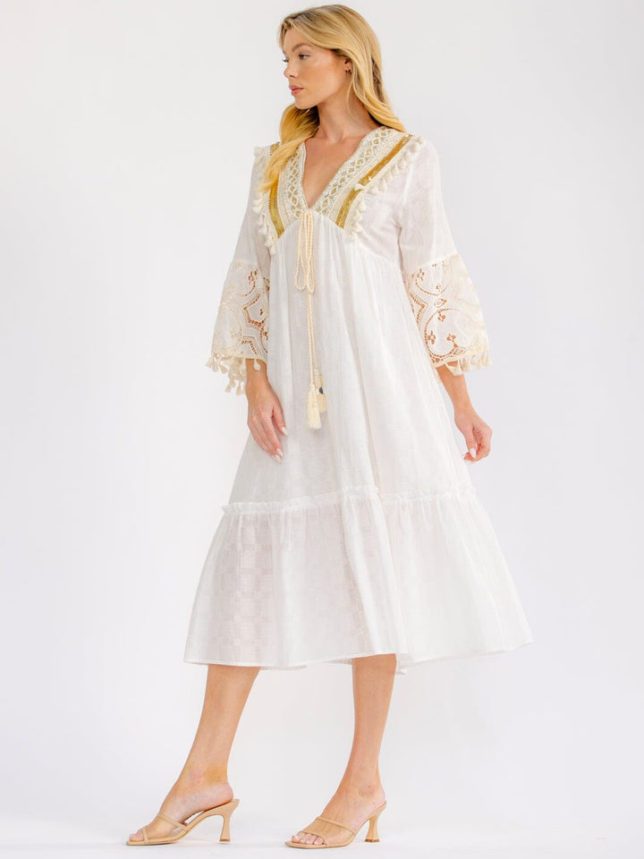 WOMEN'S 3/4 BELL SLEEVE V-NECK CROCHET SEQUINS MIDI DRESS