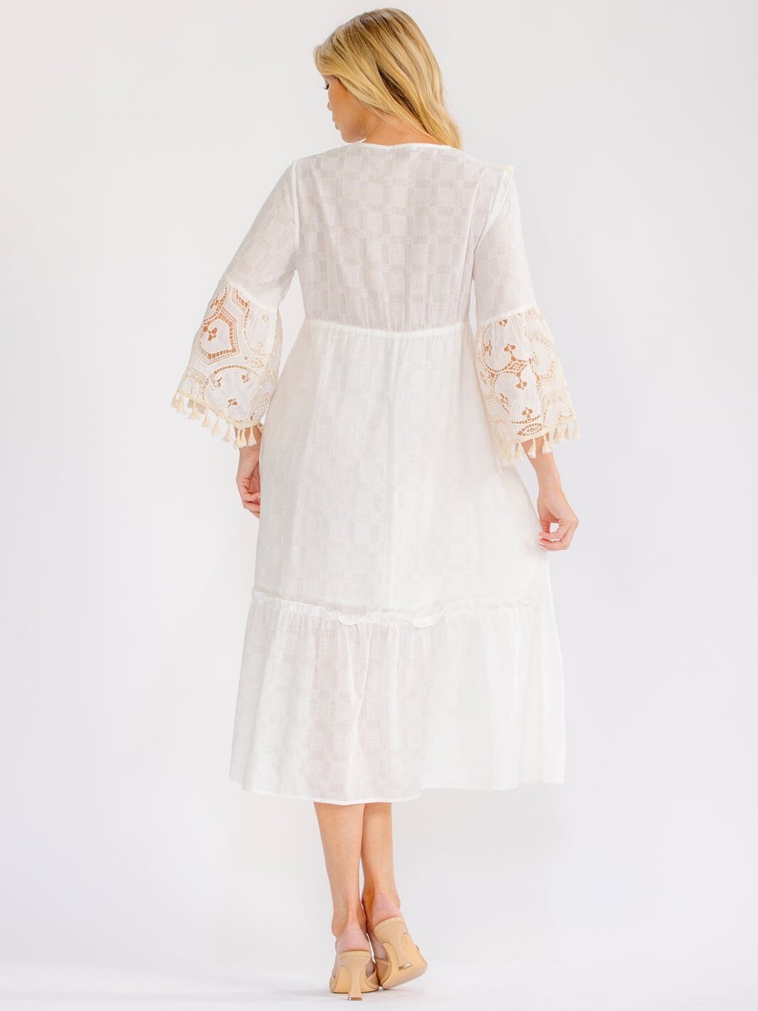 WOMEN'S 3/4 BELL SLEEVE V-NECK CROCHET SEQUINS MIDI DRESS