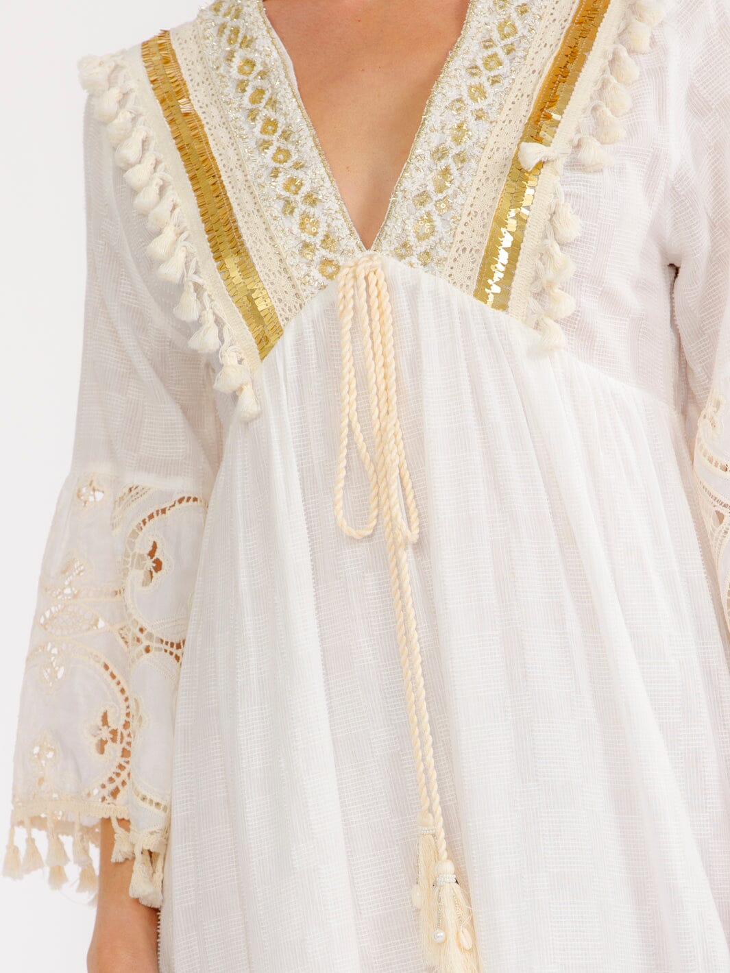 WOMEN'S 3/4 BELL SLEEVE V-NECK CROCHET SEQUINS MIDI DRESS