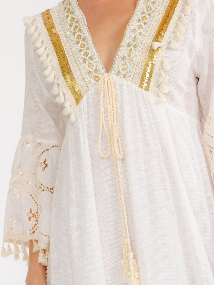 WOMEN'S 3/4 BELL SLEEVE V-NECK CROCHET SEQUINS MIDI DRESS