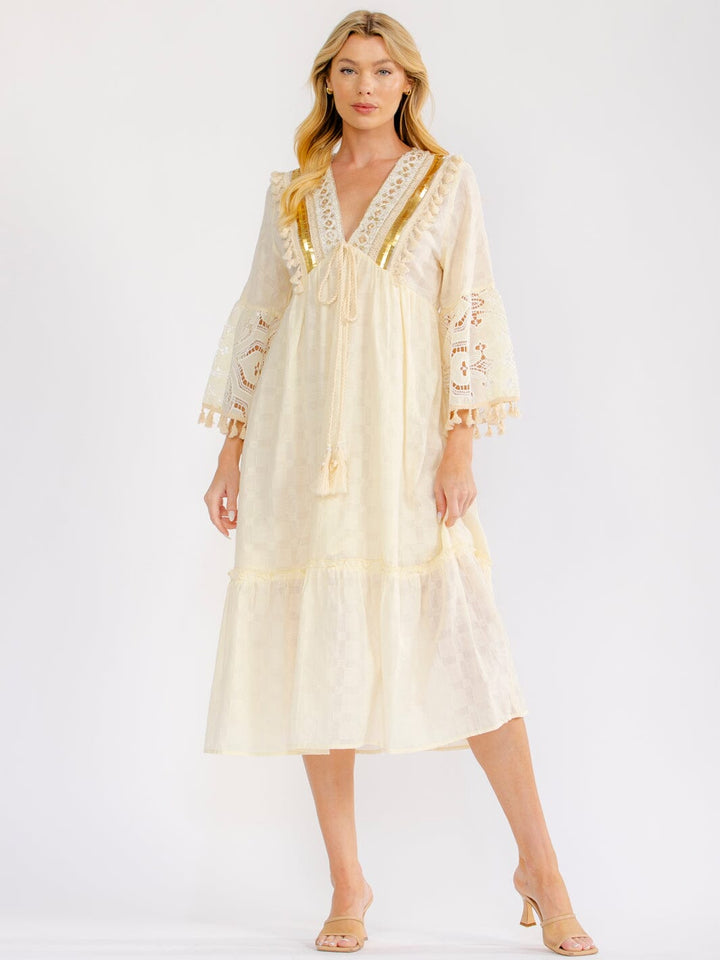 WOMEN'S 3/4 BELL SLEEVE V-NECK CROCHET SEQUINS MIDI DRESS